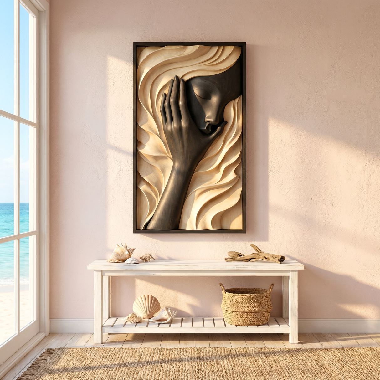 Handcrafted Solid Wood Wall Art Panel with Abstract Human Face Relief for Modern Interiors