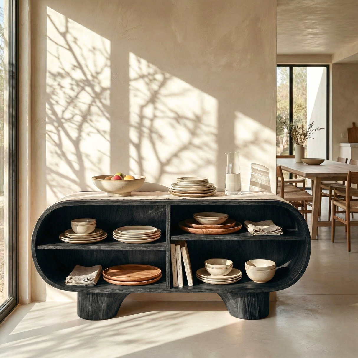 Rounded Solid Wood Sideboard with Open Shelving, Organic Modern Storage Console