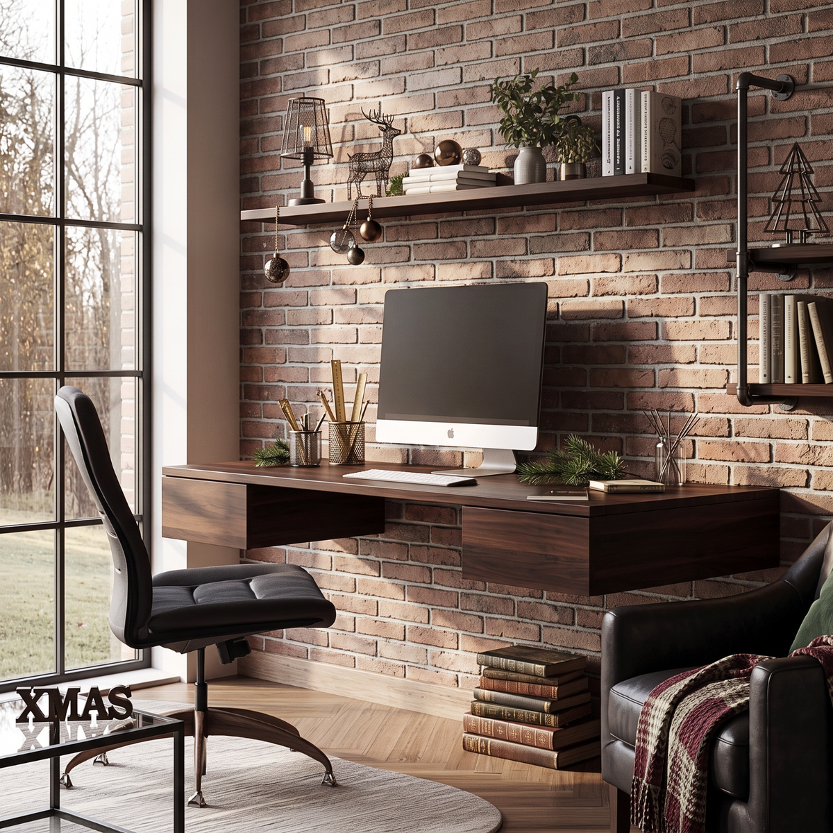 Wall Mounted Solid Wood Desk with Floating Drawers and Natural Wood Grain