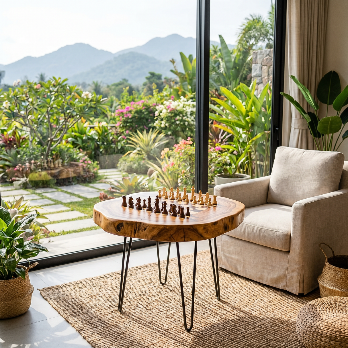 Round Solid Wood Chess Coffee Table with Organic Edge and Hairpin Legs