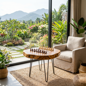 Round Solid Wood Chess Coffee Table with Organic Edge and Hairpin Legs