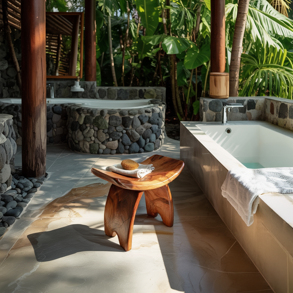 Organic Sculpted Wood Bath Stool for Spa Interiors