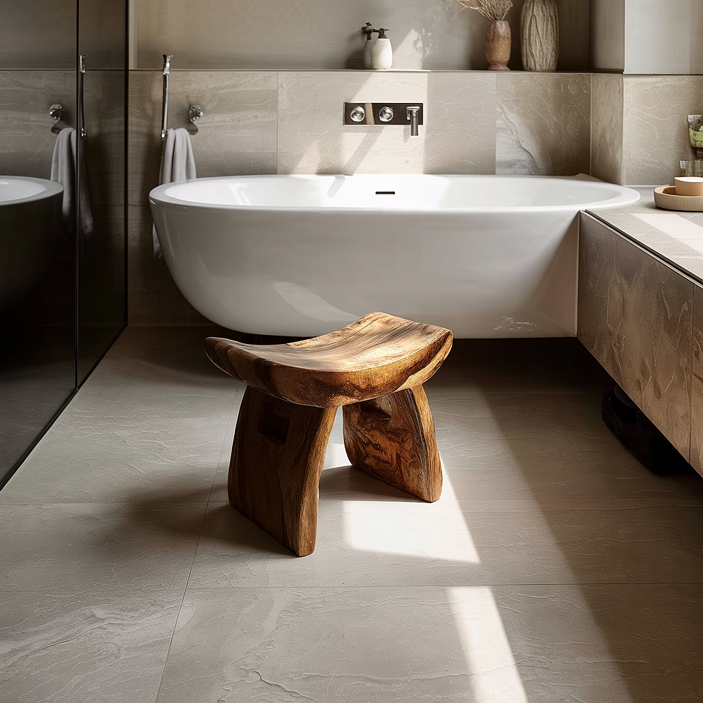 Curved Solid Wood Bath Bench in Organic Modern Style