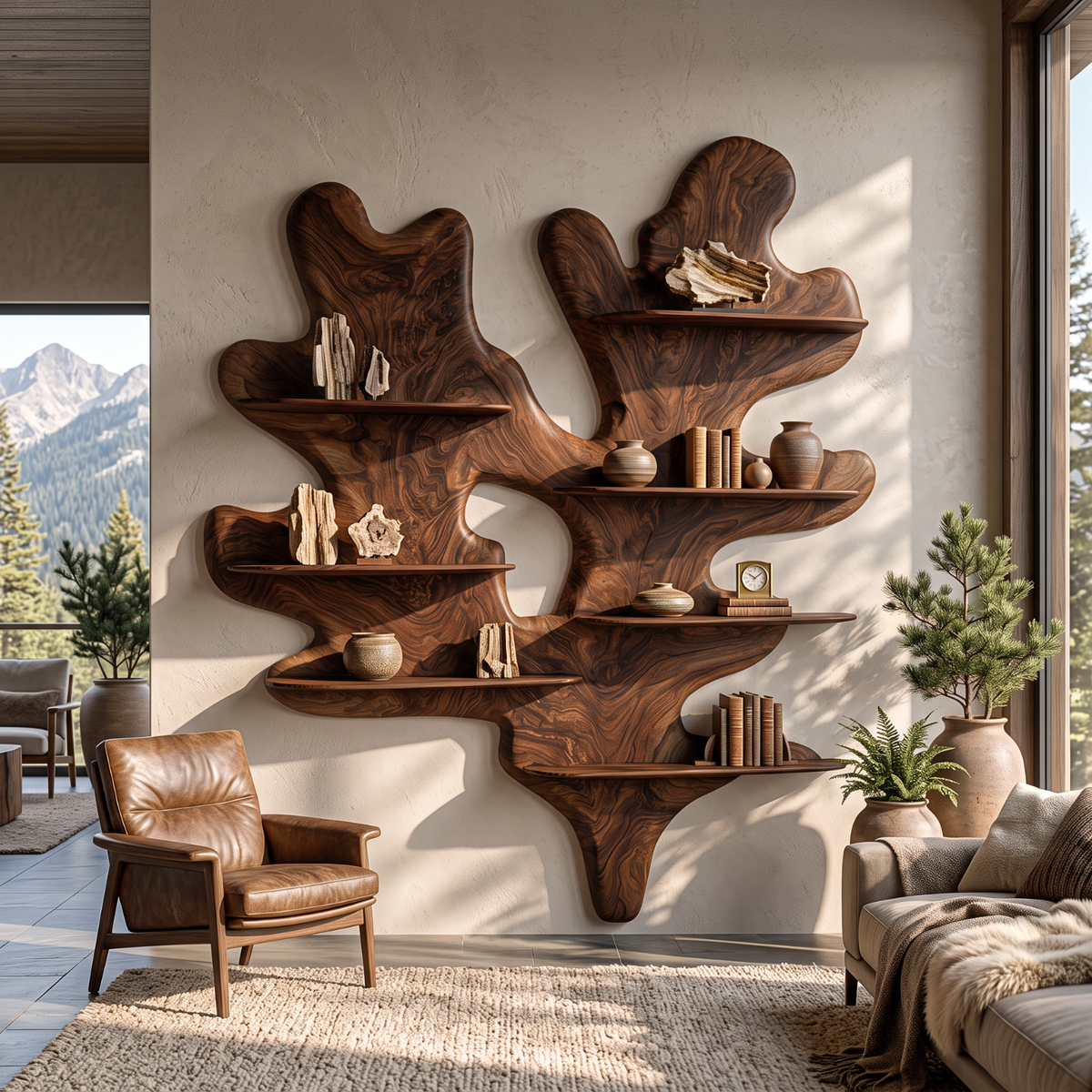 Sculptural Solid Wood Wall Shelf with Organic Leaf Inspired Design
