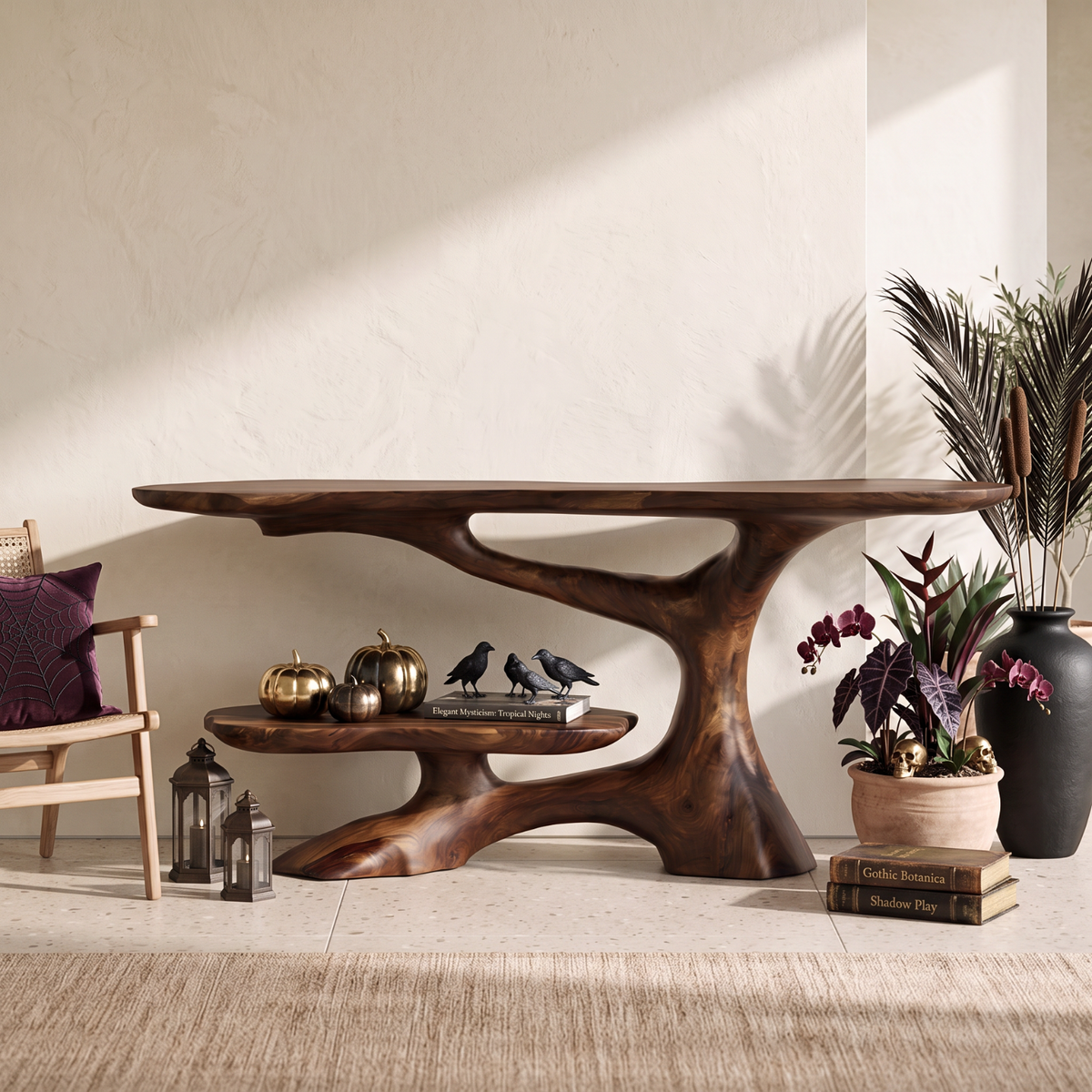Handcrafted Solid Wood Console Table with Sculptural Branch Base and Floating Shelf