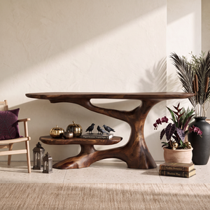 Handcrafted Solid Wood Console Table with Sculptural Branch Base and Floating Shelf