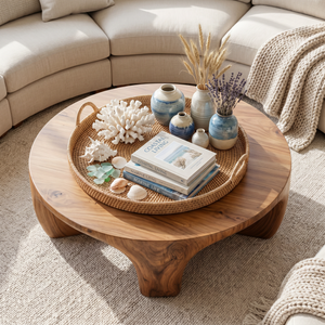 Round Solid Wood Coffee Table with Sculptural Open Base