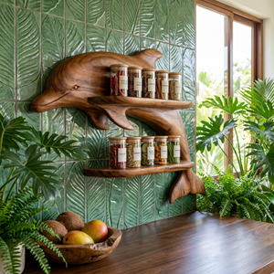Solid Wood Dolphin Spice Rack with Double Shelf Wall Storage for Kitchen