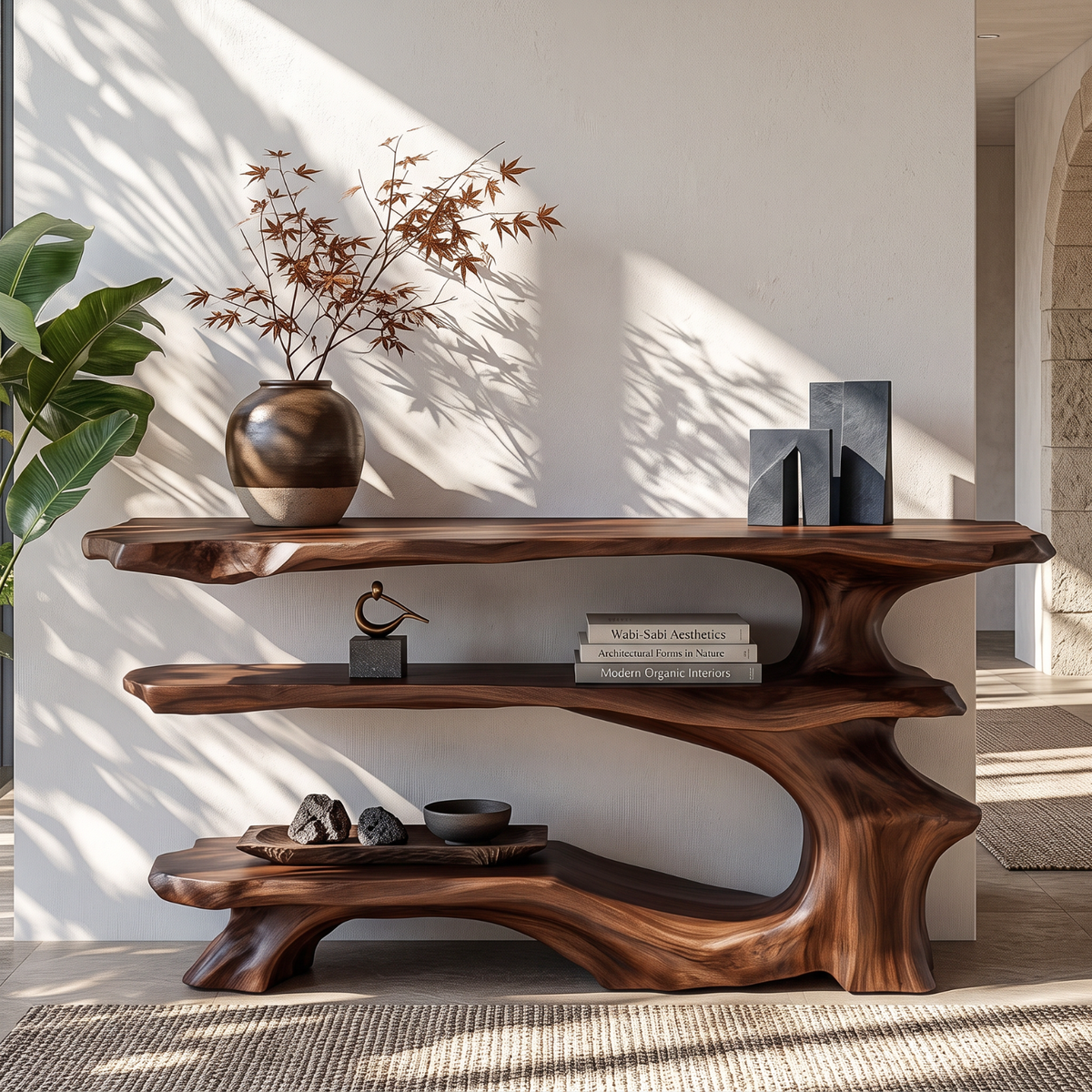 Organic Solid Wood Console Table with Three Tier Sculptural Shelves