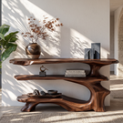 Organic Solid Wood Console Table with Three Tier Sculptural Shelves