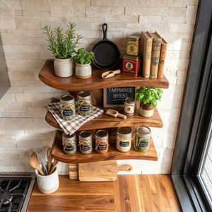 Solid Wood Three Tier Curved Spice Rack with Sculptural Wall Mounted Design