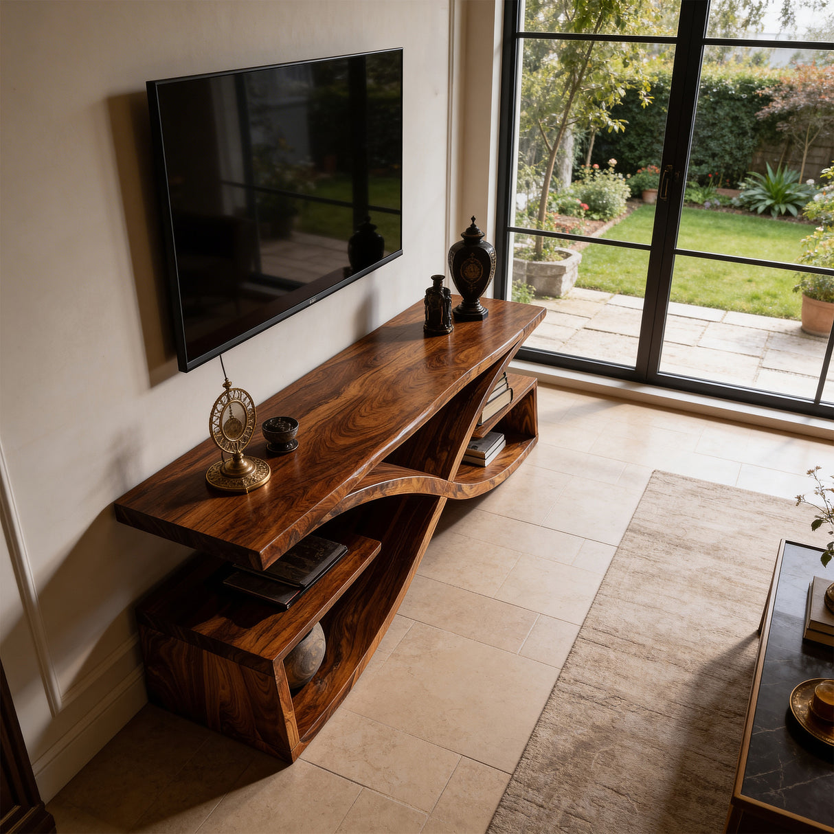 Sculptural Solid Wood TV Console with Curved Base