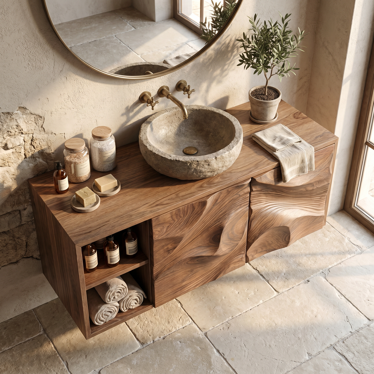 Abstract Carved Wood Bathroom Vanity Cabinet with Organic Relief Front