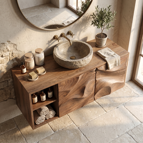 Abstract Carved Wood Bathroom Vanity Cabinet with Organic Relief Front