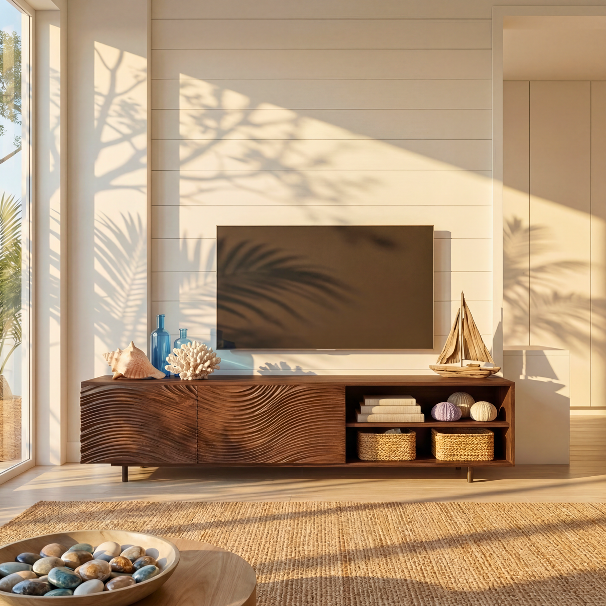 Sculptural Wood TV Cabinet with Carved Wave Front and Open Shelving, Modern Media Console.