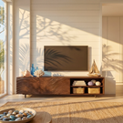 Sculptural Wood TV Cabinet with Carved Wave Front and Open Shelving, Modern Media Console.