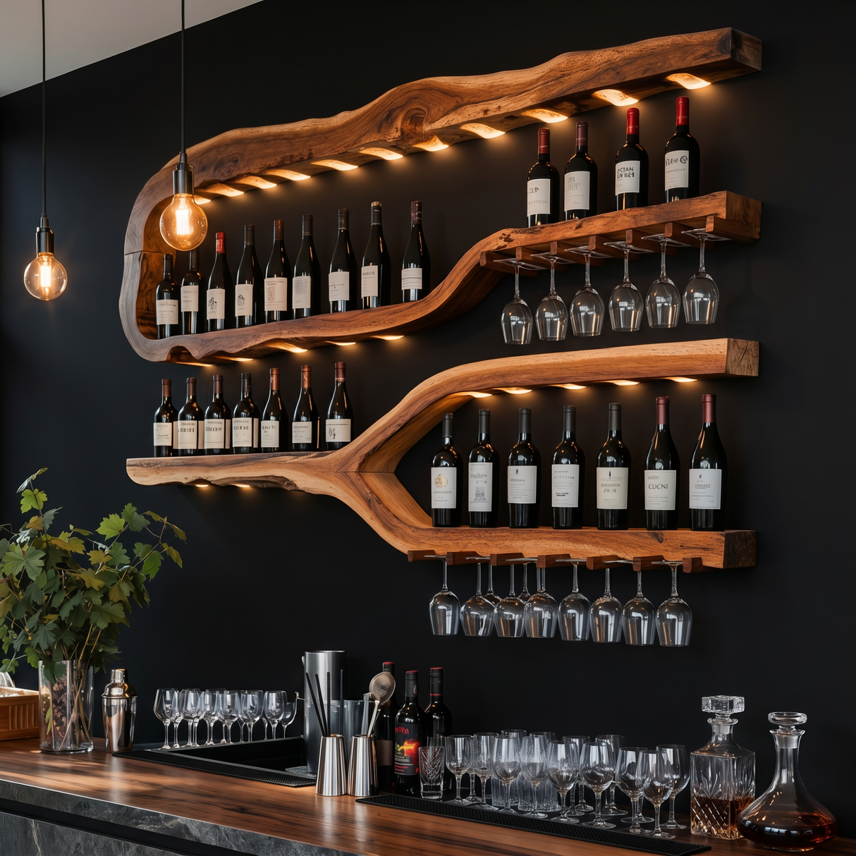 Luxury Solid Wood Wine Rack Wall Shelf With Glass Holder
