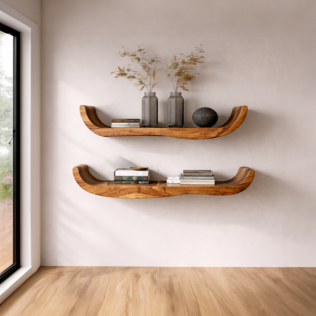Curved Solid Wood Floating Wall Shelves Set
