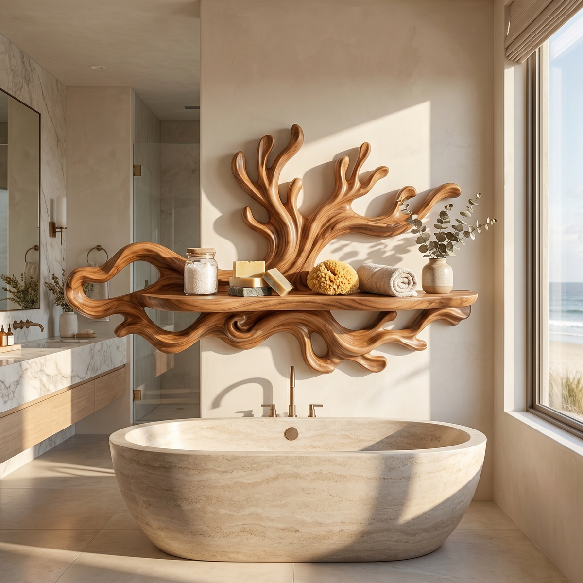 Organic Solid Wood Wave Crest Wall Shelf for Coastal Interiors