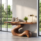 Console Table Solid Wood with Sculptural S Curve Base for Entryway Decor