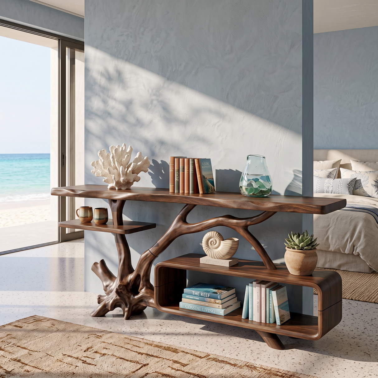 Console Table Solid Wood with Sculptural Branch Base and Open Storage Shelf