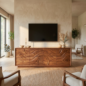 TV Console Sideboard Solid Wood with Wave Carved Cabinet Storage