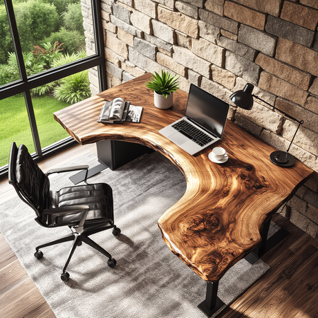 Live Edge Solid Wood Corner Desk with Sculptural Cutout Design