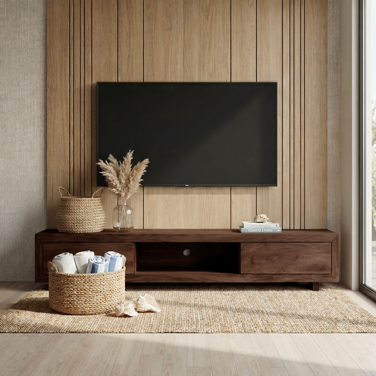Solid Wood Low Profile TV Cabinet with Open Center Shelf