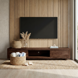 Solid Wood Low Profile TV Cabinet with Open Center Shelf