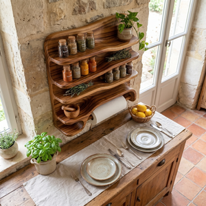 Handcrafted Solid Wood Spice Rack Shelf with Organic Edges and Paper Towel Holder