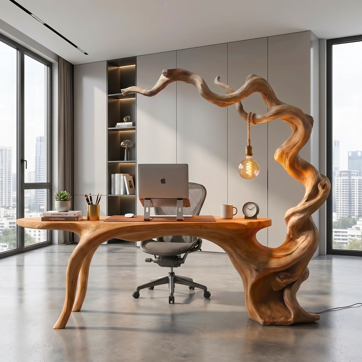 Twisted Branch Solid Wood Desk With Hanging Lamp Organic Modern Sculptural Workspace