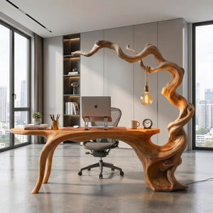 Twisted Branch Solid Wood Desk With Hanging Lamp Organic Modern Sculptural Workspace