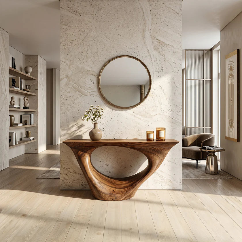 Organic Sculpted Solid Wood Console Table with Architectural Base