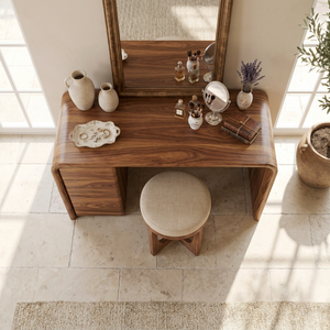 Rounded Solid Wood Vanity Table with Waterfall Side and Drawer Storage
