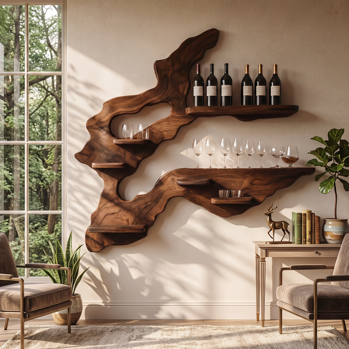 Asymmetrical Root Sculpture Solid Wood Wall Wine Rack with Display Shelves