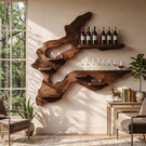 Asymmetrical Root Sculpture Solid Wood Wall Wine Rack with Display Shelves