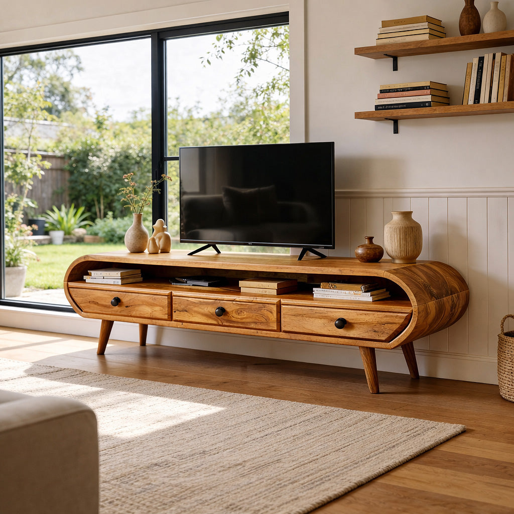 Organic Modern Curved Solid Wood TV Stand Handcrafted Natural Wood Media Console with Drawers