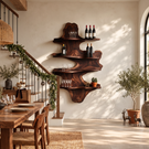 Cascading Solid Wood Wall Wine Rack with Four Sculptural Display Shelves