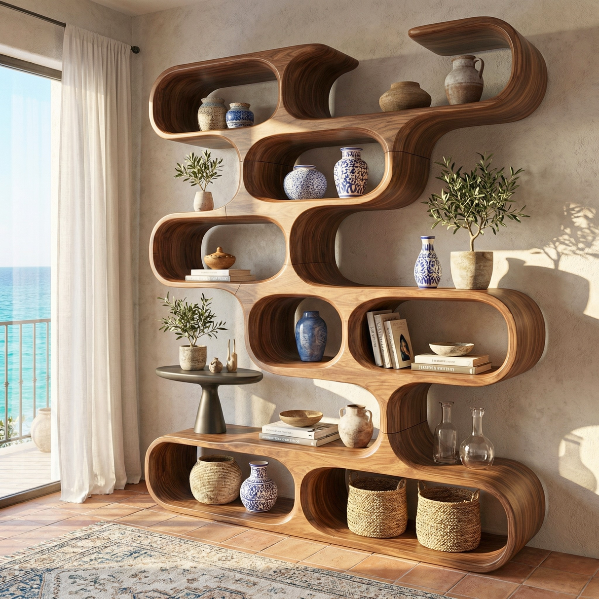Handcrafted Solid Wood Organic Bookcase with Curved Open Display Shelves