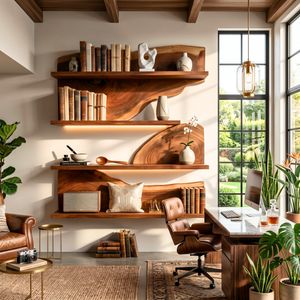 Modern Floating Wooden Shelves Sculptural Wall Mounted Shelf Set