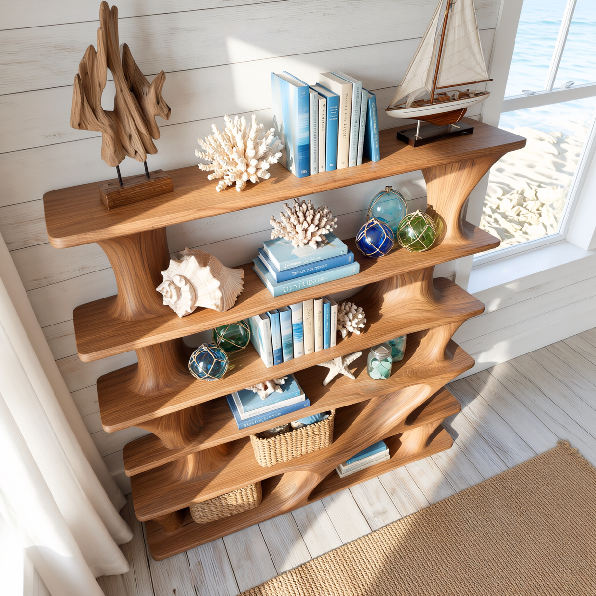 Architectural Tiered Wood Bookcase with Flowing Open Shelves