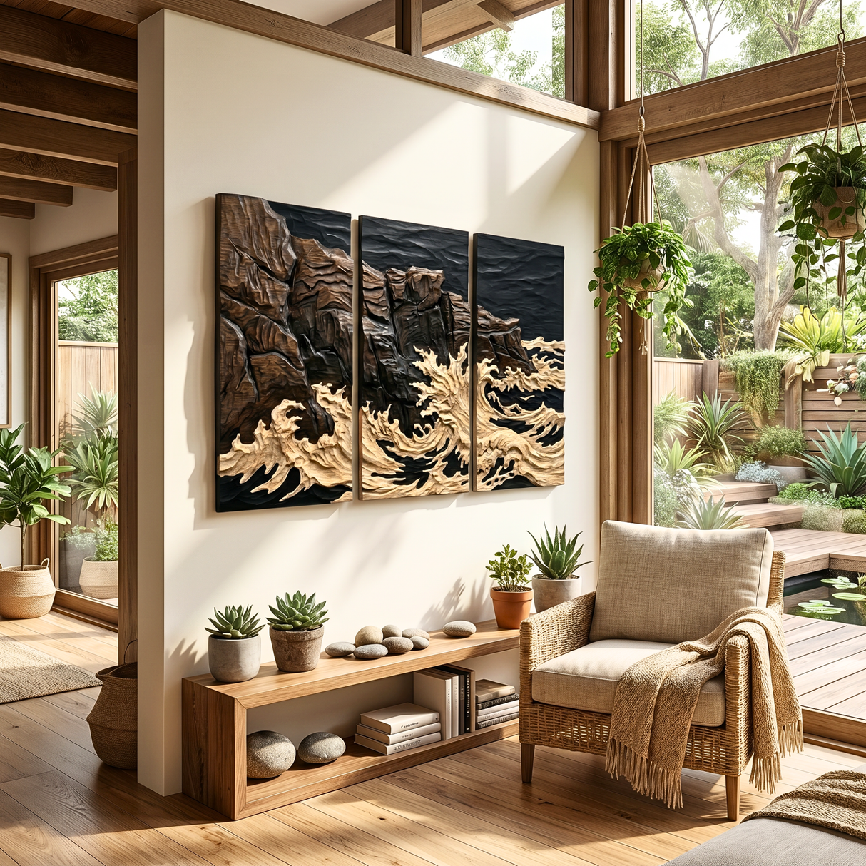 Hand-Carved Wood Triptych Wall Art with Ocean Wave Relief and Rocky Coast Design
