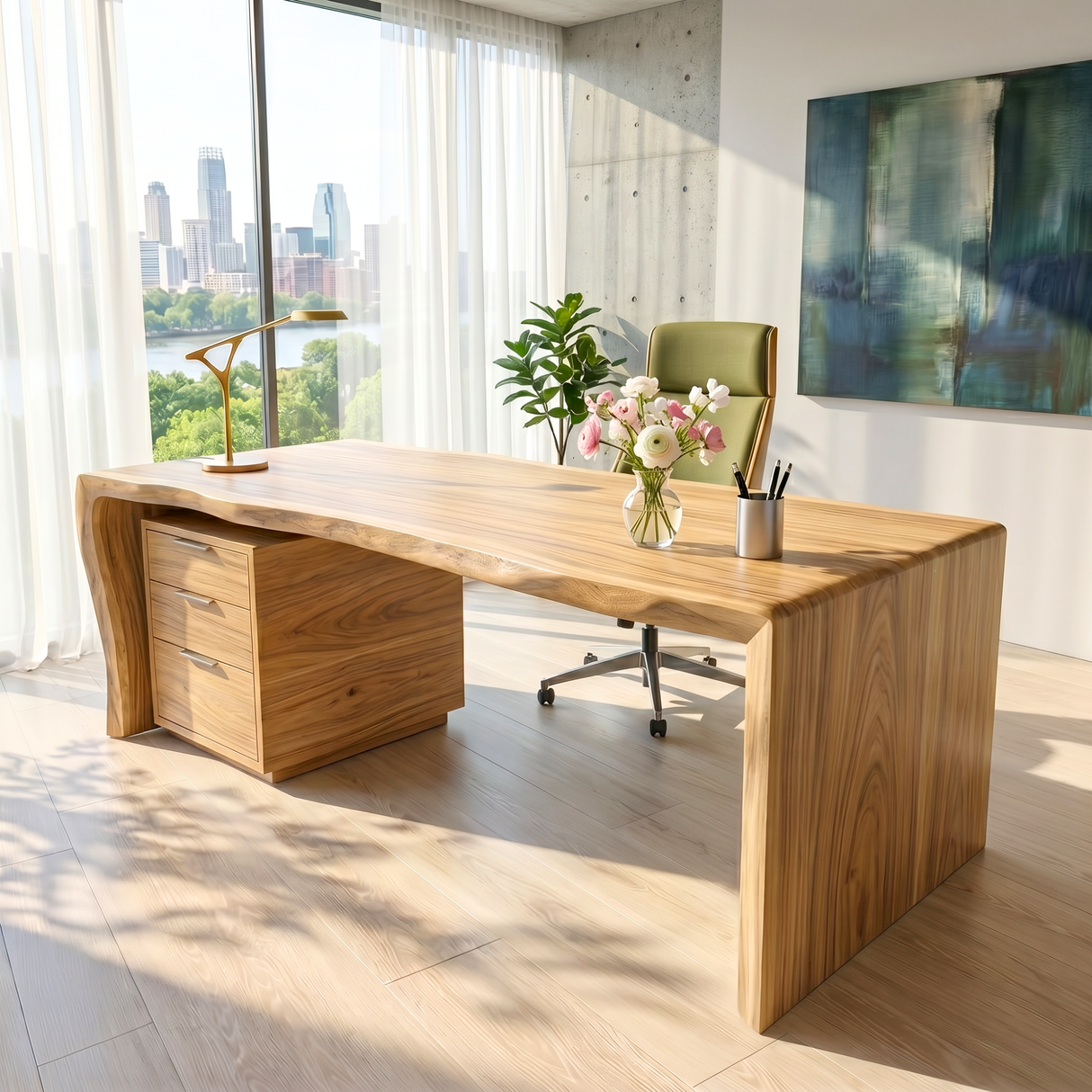 Organic Solid Wood Desk with Curved Edge and Drawer Storage