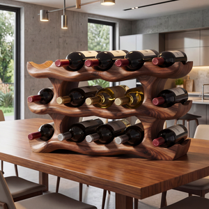 Layered Wave Sculptural Solid Wood Wine Rack Horizontal Bottle Holder for Tabletop Storage