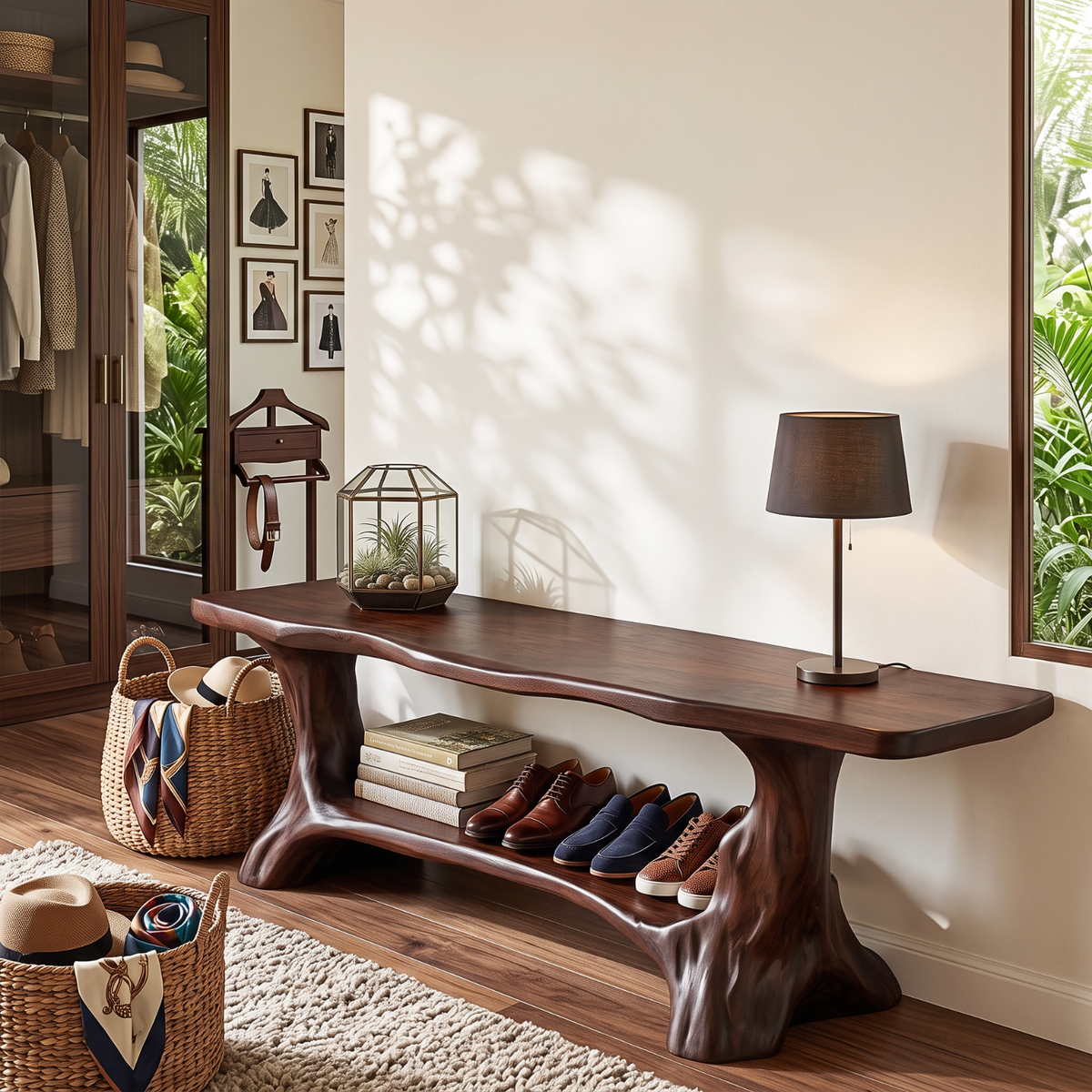 Sculptural Solid Wood Shoe Bench with Curved Supports and Open Storage Shelf