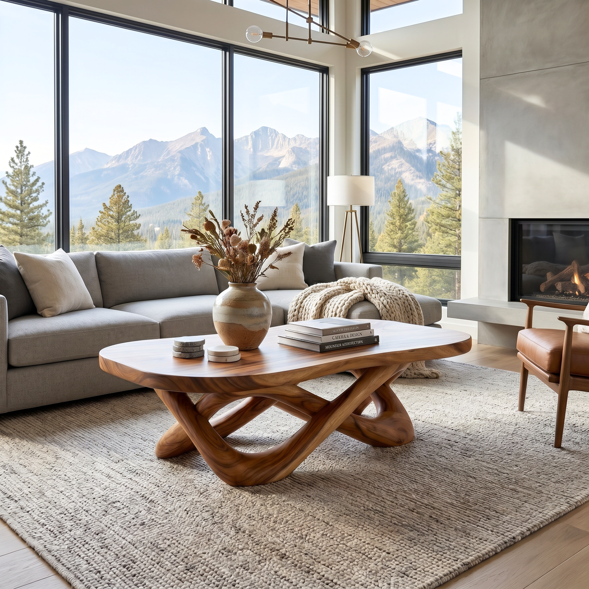 Handcrafted Solid Wood Coffee Table with Interwoven Sculptural Base and Rounded Top