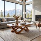 Handcrafted Solid Wood Coffee Table with Interwoven Sculptural Base and Rounded Top