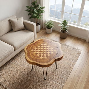 Handcrafted Live Edge Solid Wood Chess Coffee Table with Hairpin Legs
