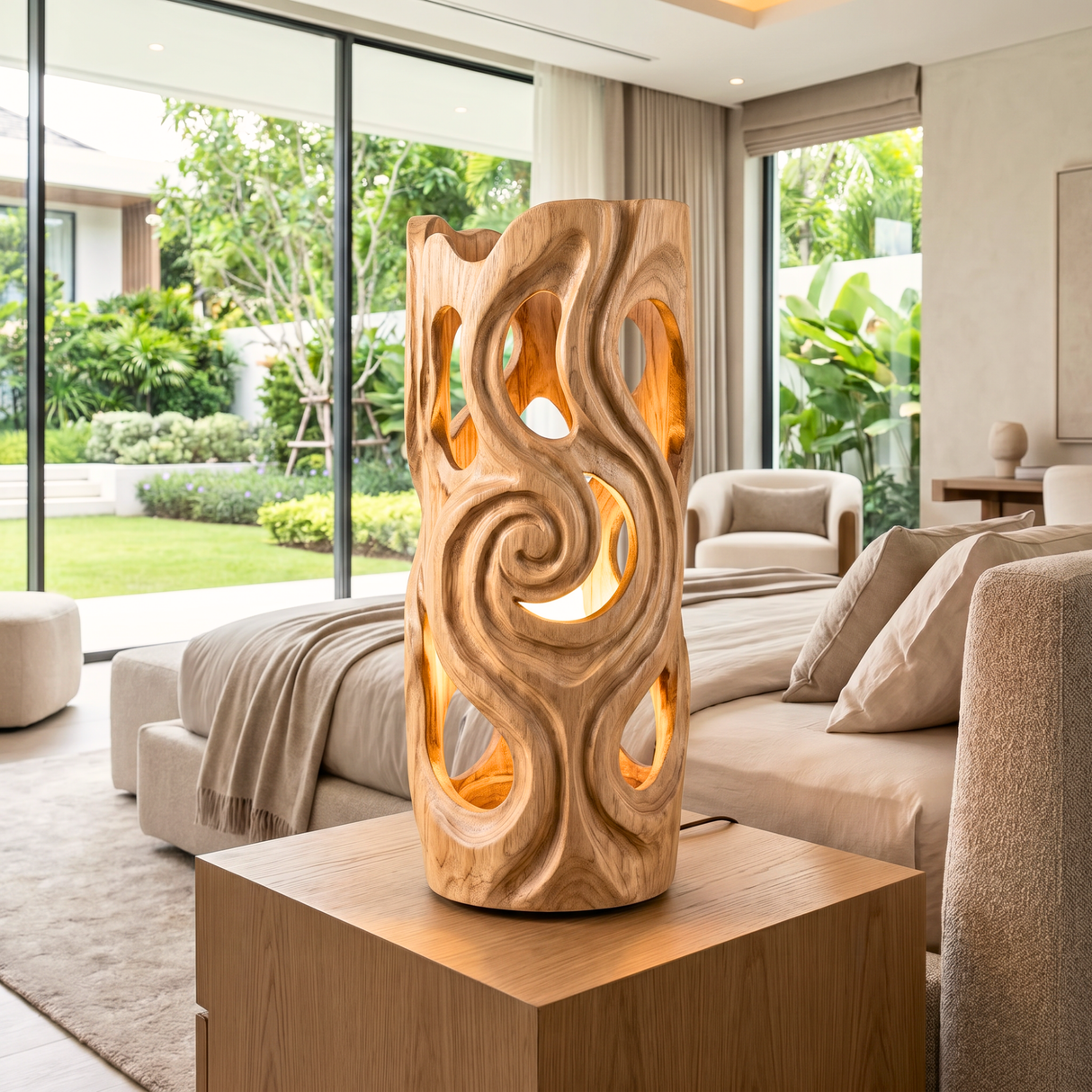 Carved Swirl Wood Table Lamp with Organic Cutouts