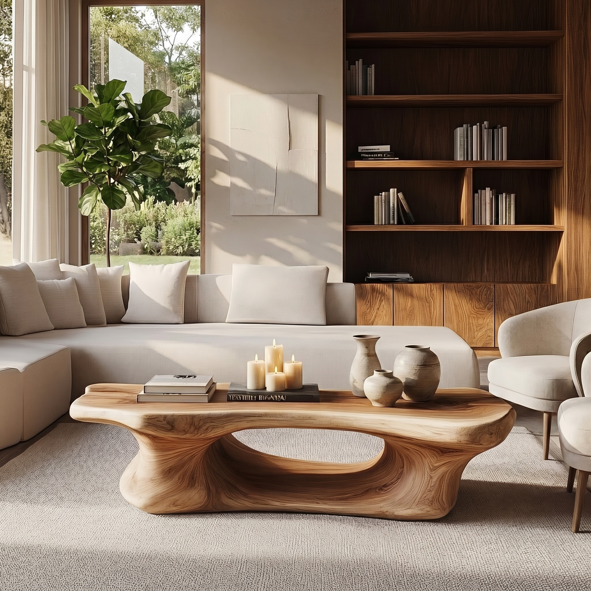 Coffee Table Solid Wood with Long Arched Hollow Base for Living Room